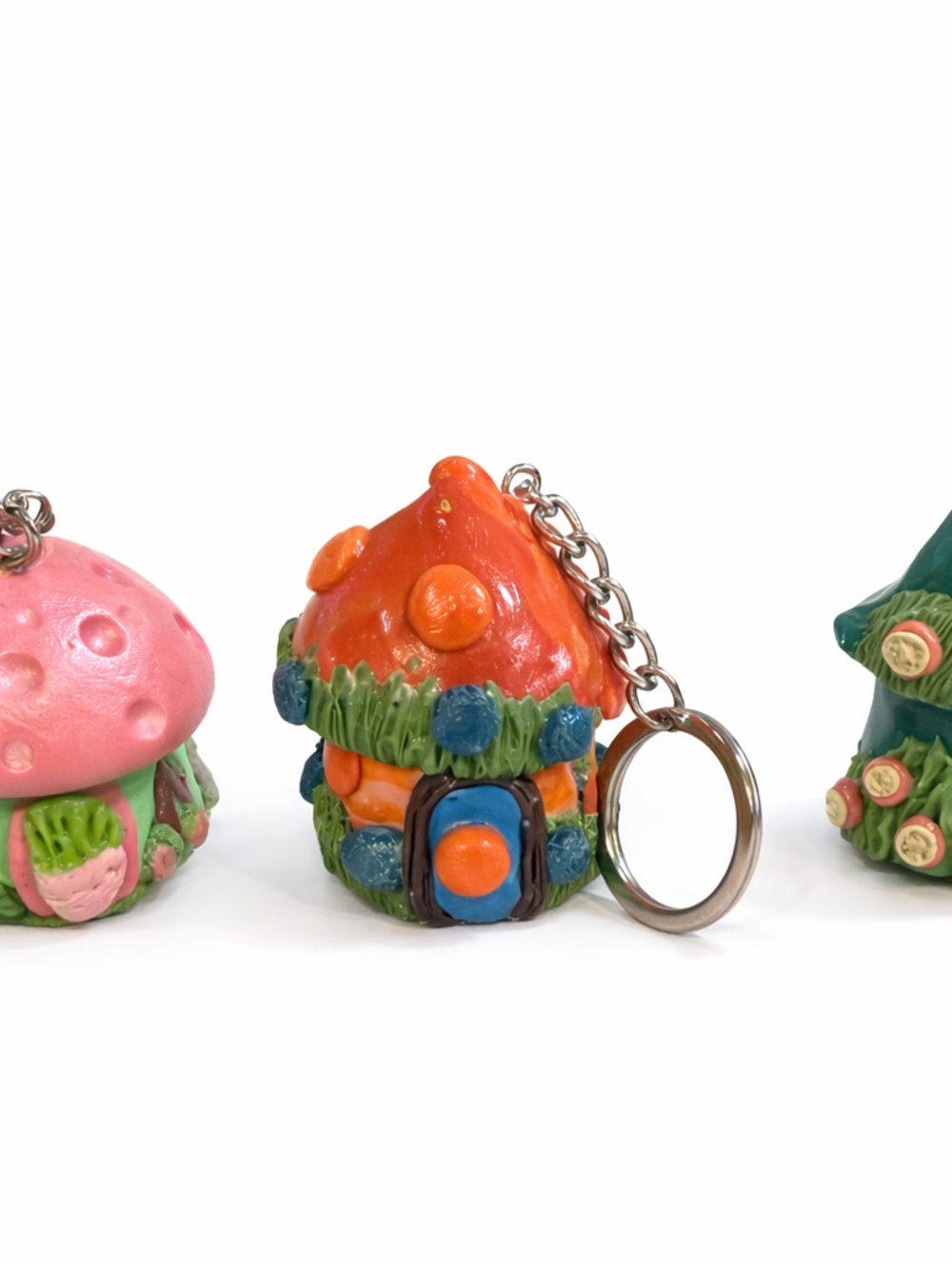 Fairy Cottage Keychain Trio Orange Mushroom House Keychain